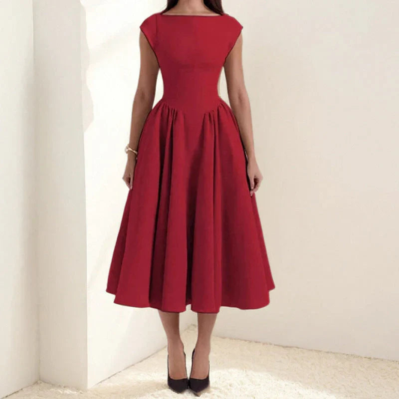 Full-length view of fit and flare midi dress with cap sleeves and round neckline for elegant occasions