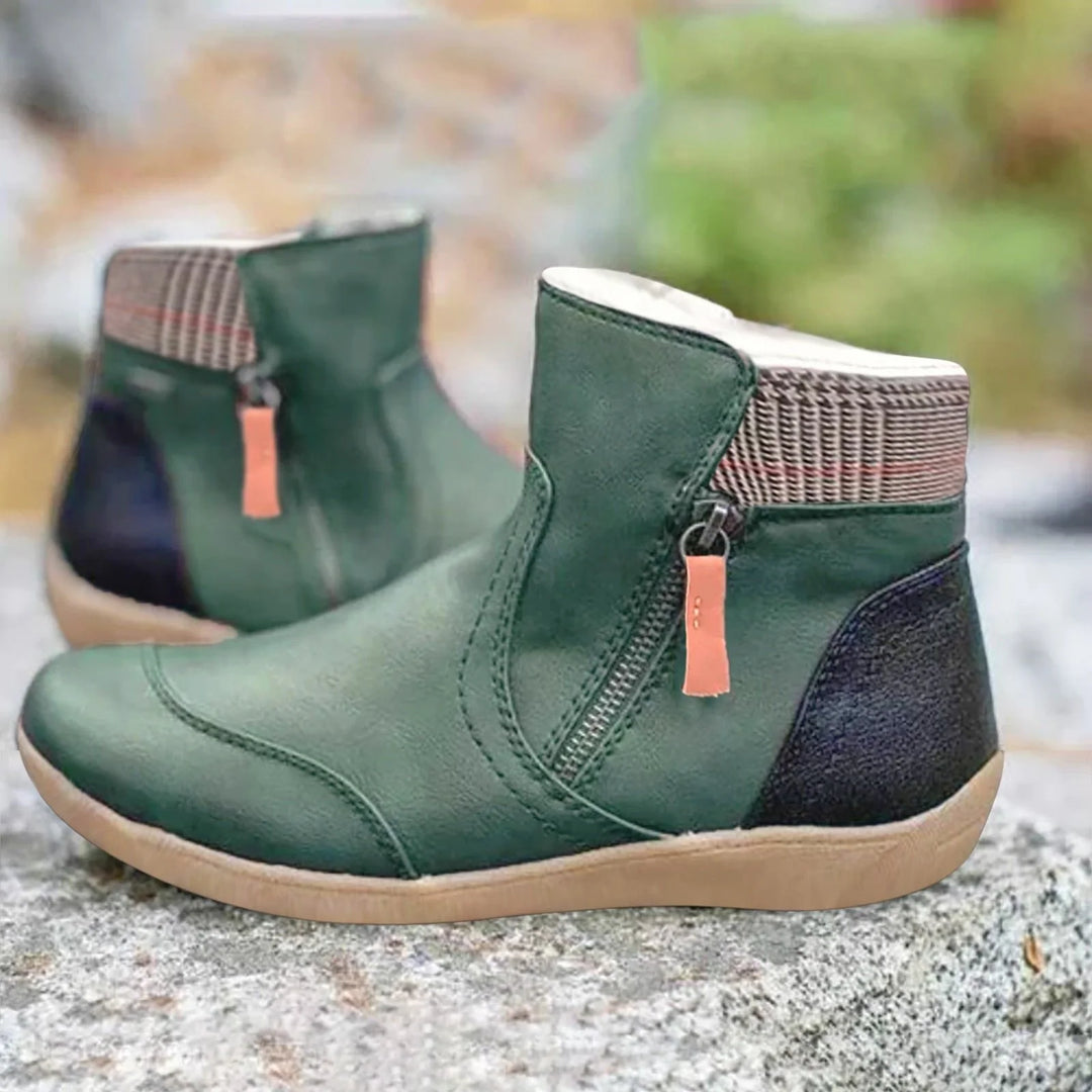 Women's Waterproof Boots Leather Ankle Height Zip Comfort in green with side zip closure and contrasting pull tab