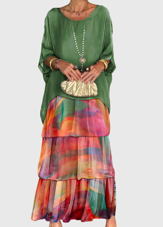 Womens Boho Layered Maxi Shorts Dress with green top and vibrant multicolour tiered skirt for summer styling