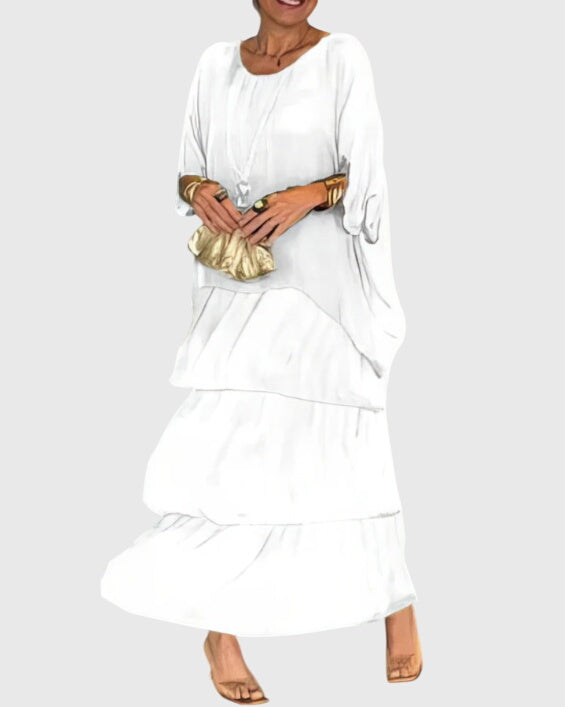 Back view of boho maxi dress showing flowing layers and comfortable relaxed fit