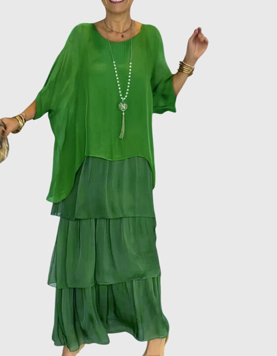 Womens boho layered maxi dress styled with accessories for casual summer outings