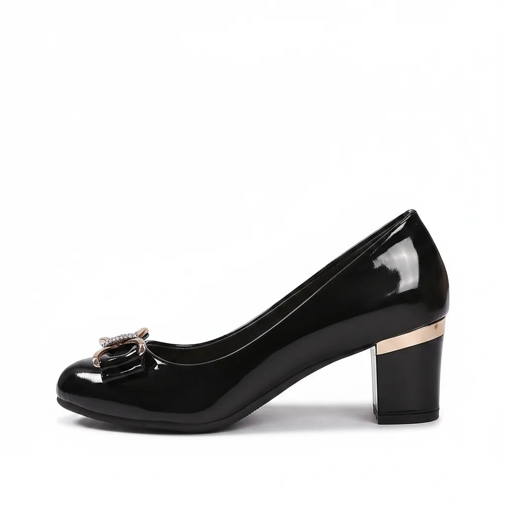Bow Detail Block Heel Pumps in glossy black with refined bow accent and stable mid-height block heel