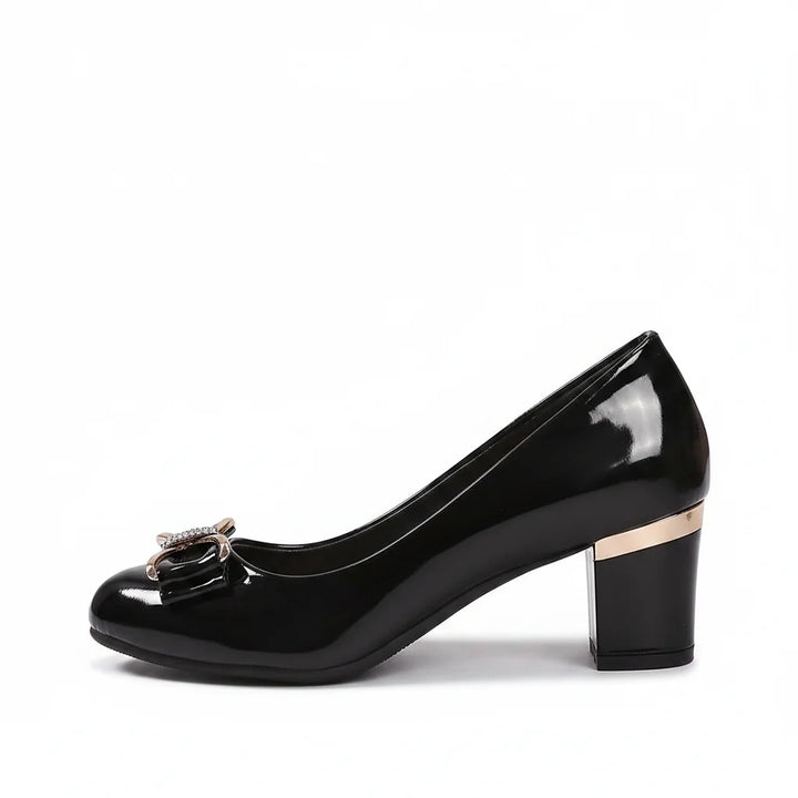 Bow Detail Block Heel Pumps in glossy black with refined bow accent and stable mid-height block heel