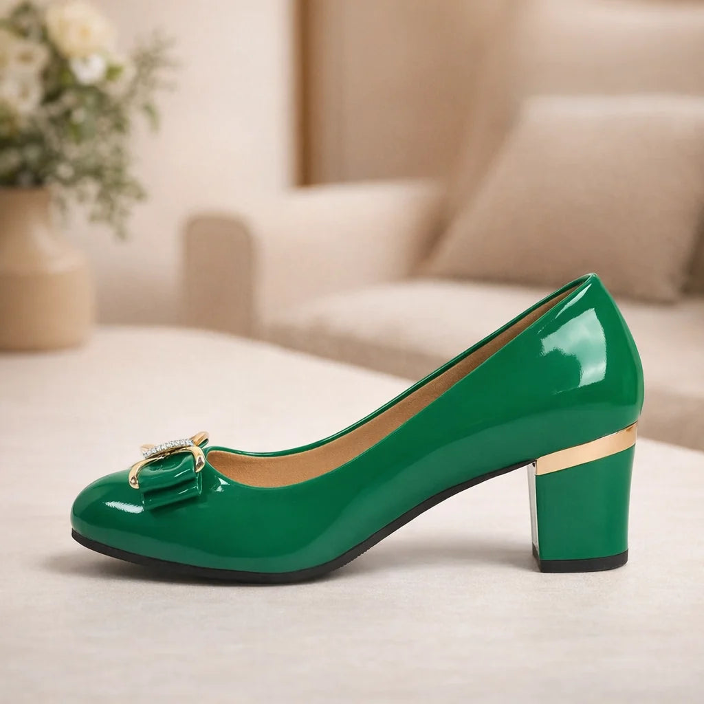 Bow Detail Block Heel Pumps in beige showing versatile neutral tone and glossy finish