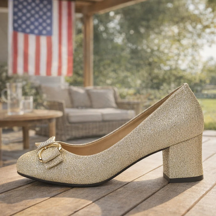 Bow Detail Block Heel Pumps in white with refined bow accent and polished appearance