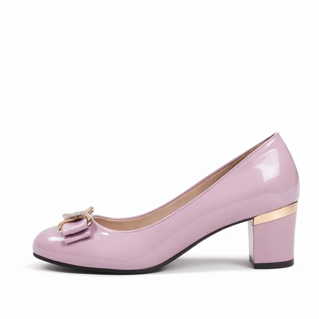 Bow Detail Block Heel Pumps in frosted silver showing sophisticated metallic tone and block heel