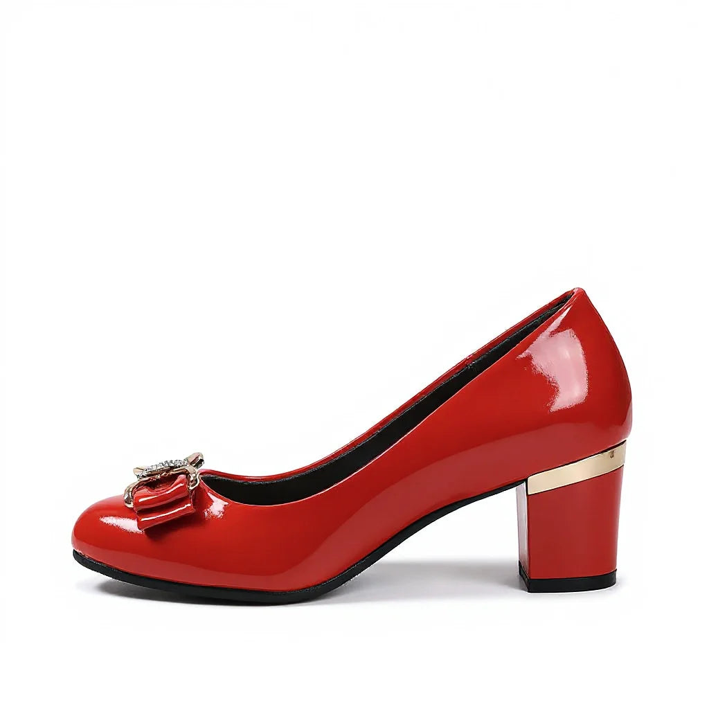 Bow Detail Block Heel Pumps in green offering rich tone with glossy finish and stable heel