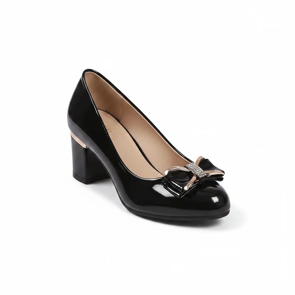Side view of Bow Detail Block Heel Pumps showing rounded toe, glossy finish, and metallic trim on block heel