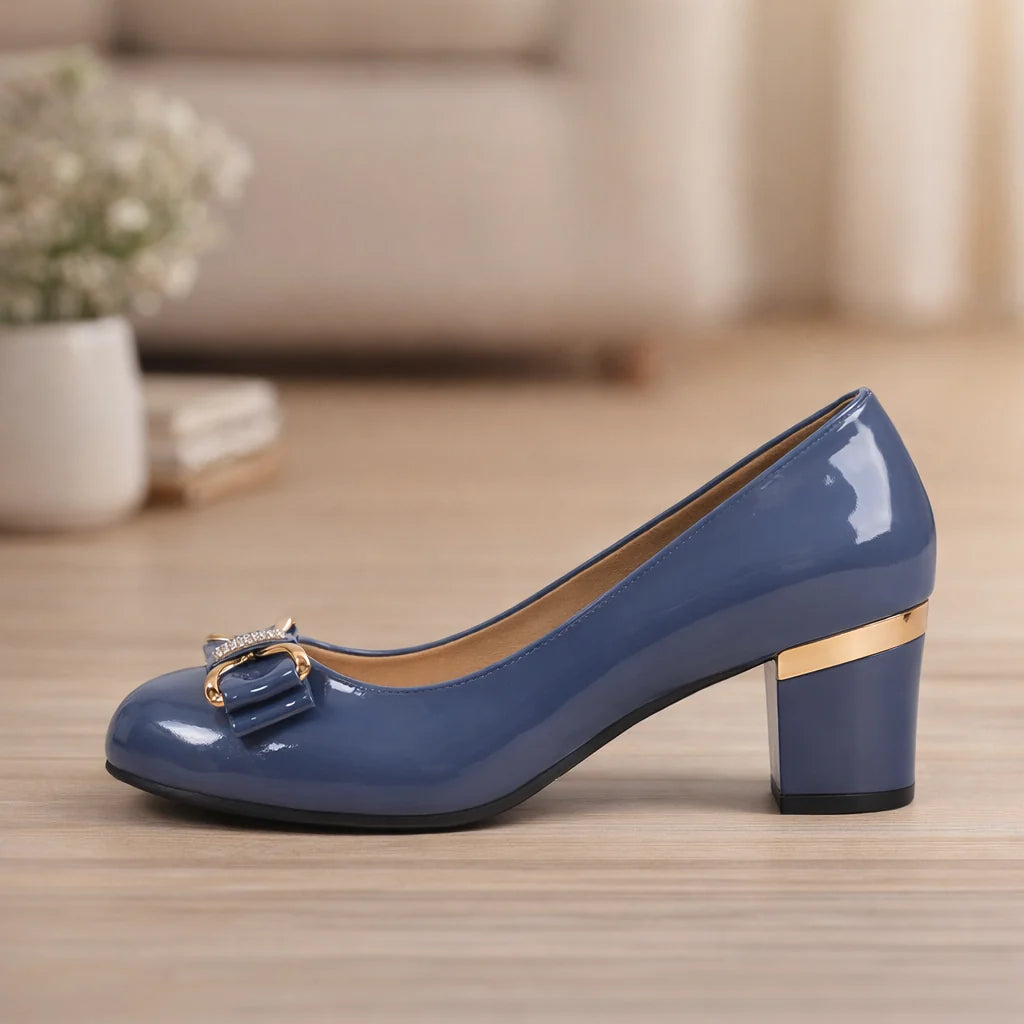 Bow Detail Block Heel Pumps styled with tailored trousers for office wear
