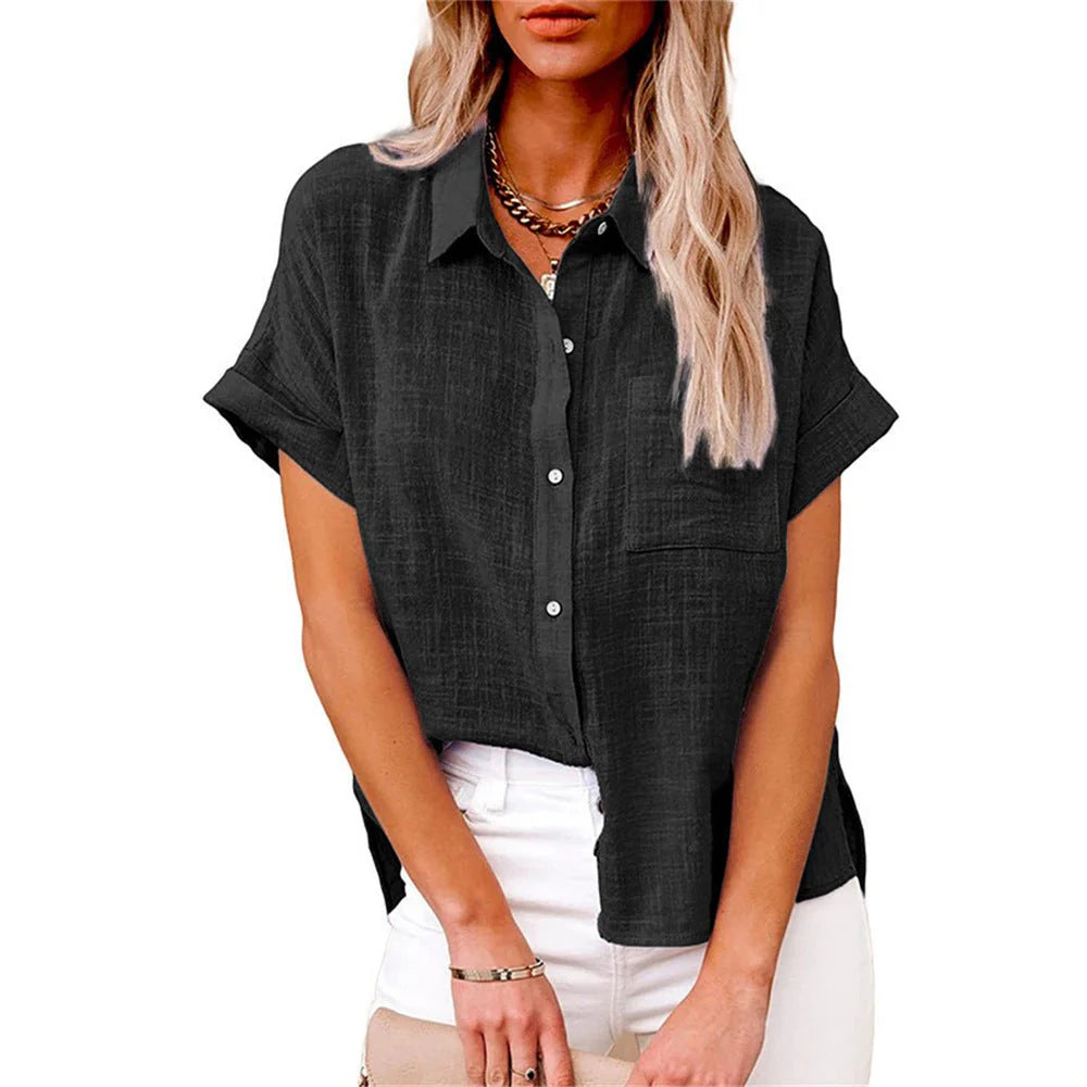 Side view of women's short-sleeve shirt with relaxed drape and curved hem detail