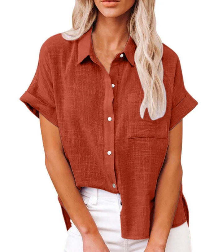Detail of chest patch pocket and button placket on lightweight women's shirt