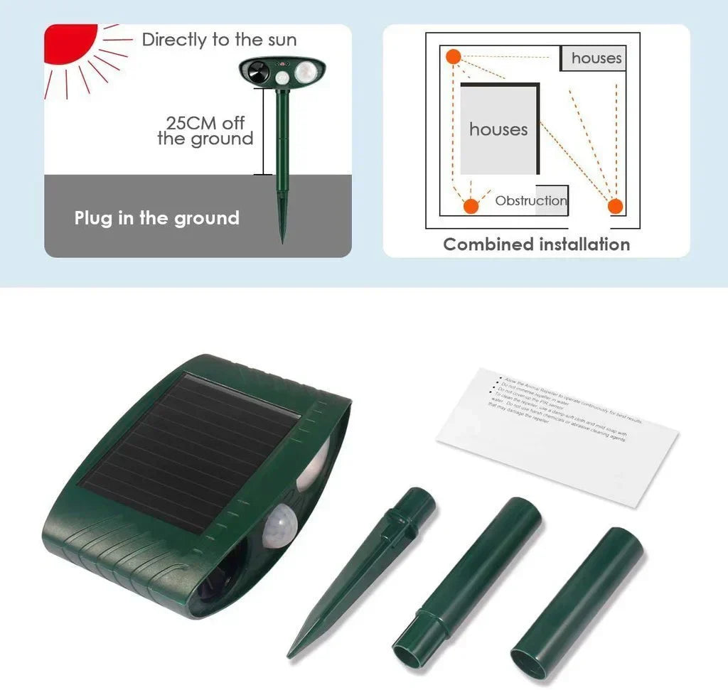 Solar-powered ultrasonic repeller showing speaker grille and LED indicators for garden use