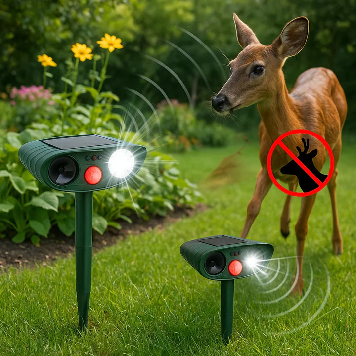 Deer repeller device with solar charging capability and weather-resistant outdoor construction