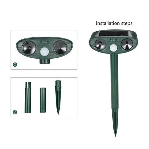 Ultrasonic garden protection device with infrared motion sensor and solar power system