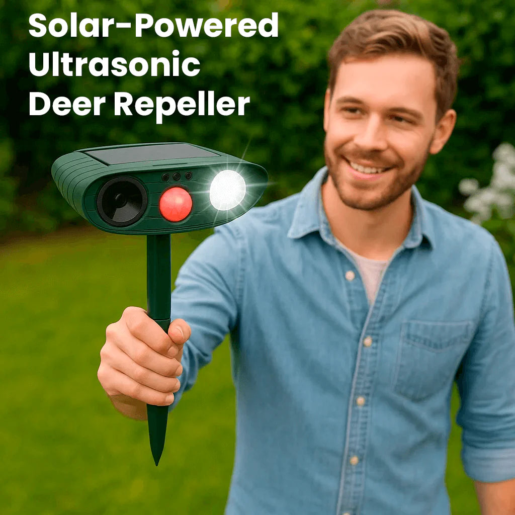 Outdoor animal deterrent with green housing, solar panel, and ground mounting stake