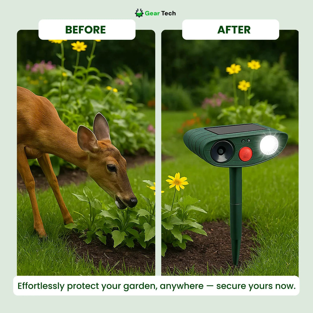 Solar-powered pest control device featuring ultrasonic speaker and LED light for gardens