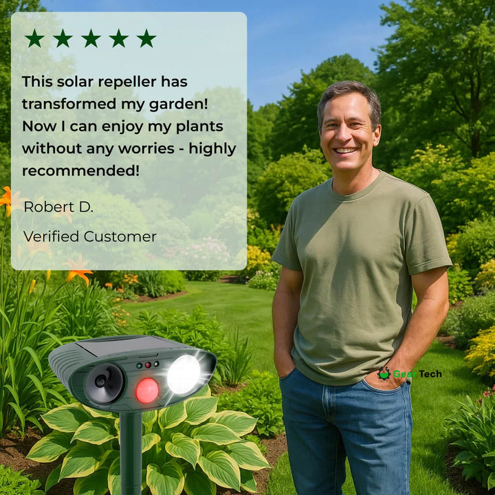 Garden protection device with solar charging, ultrasonic emission, and outdoor-rated construction
