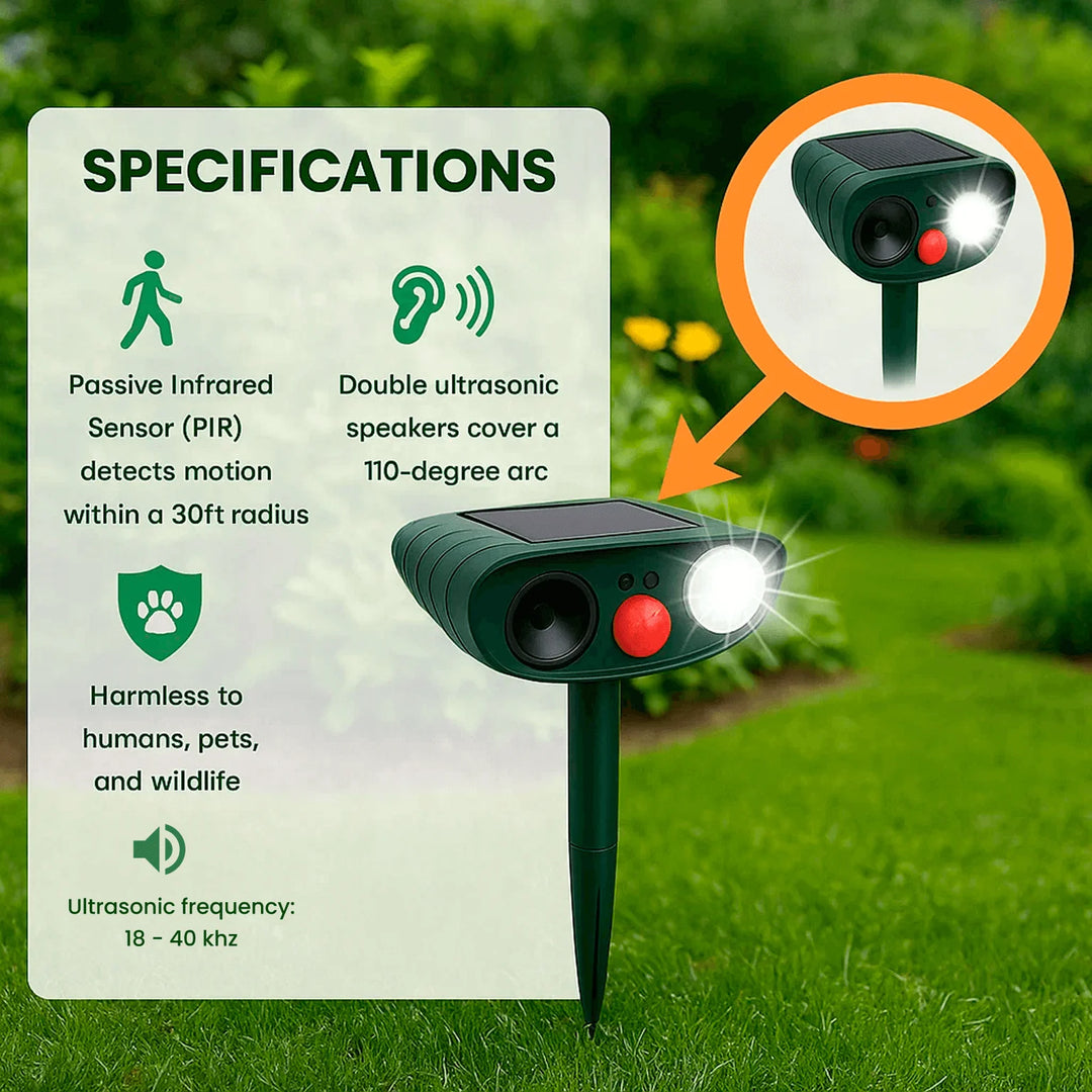 Green ultrasonic repeller with solar power, LED indicators, and ground stake for garden installation