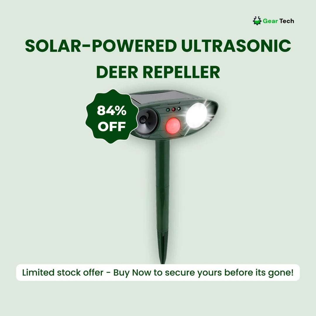 Outdoor deer deterrent featuring solar panel, speaker system, and weather-resistant green casing