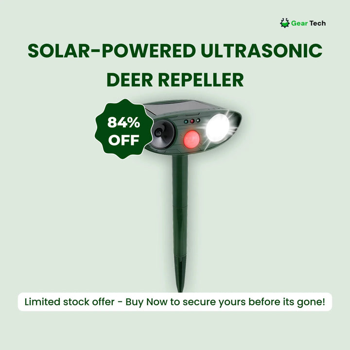 Outdoor deer deterrent featuring solar panel, speaker system, and weather-resistant green casing