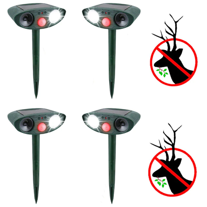 Solar-powered ultrasonic garden device with infrared sensor and weather-resistant outdoor design