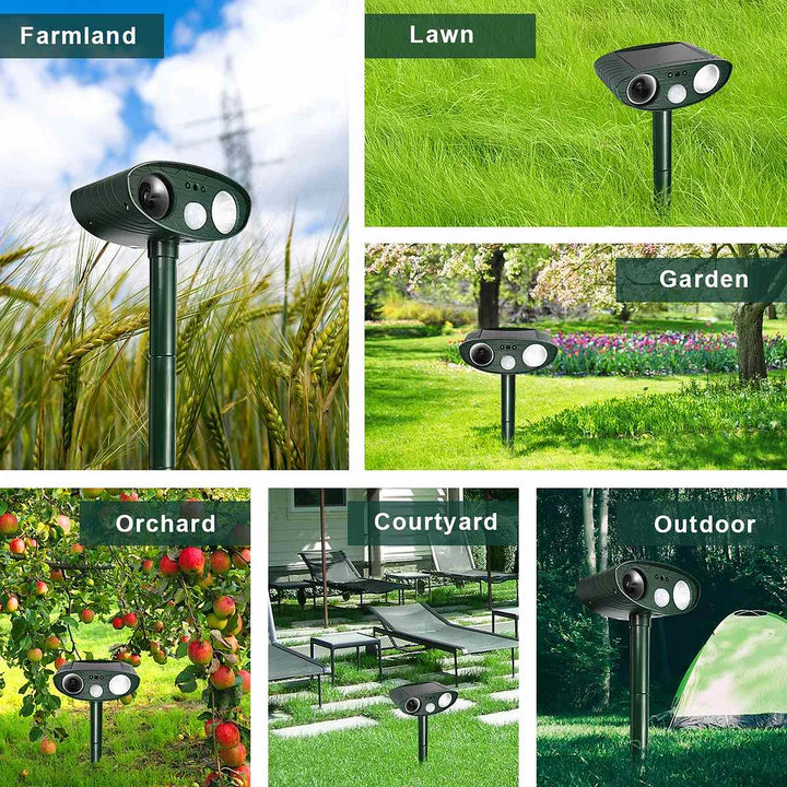 Garden pest control device with ultrasonic speaker and infrared sensor for animal detection