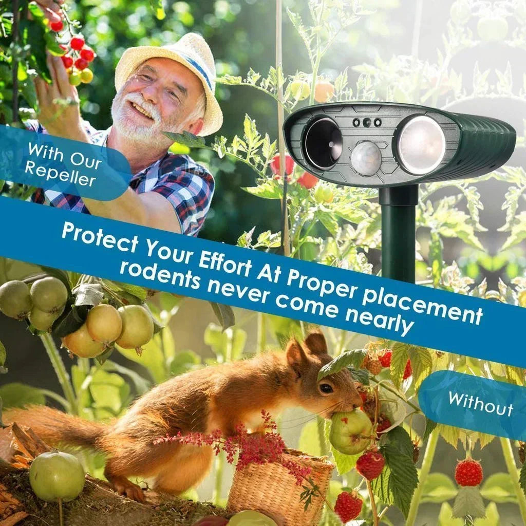 Ultrasonic animal deterrent device featuring LED light and speaker for garden protection