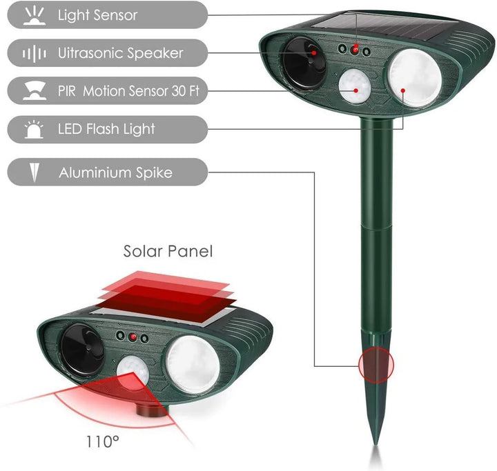 Front view of outdoor solar deer repeller with red indicator light and ultrasonic emission system