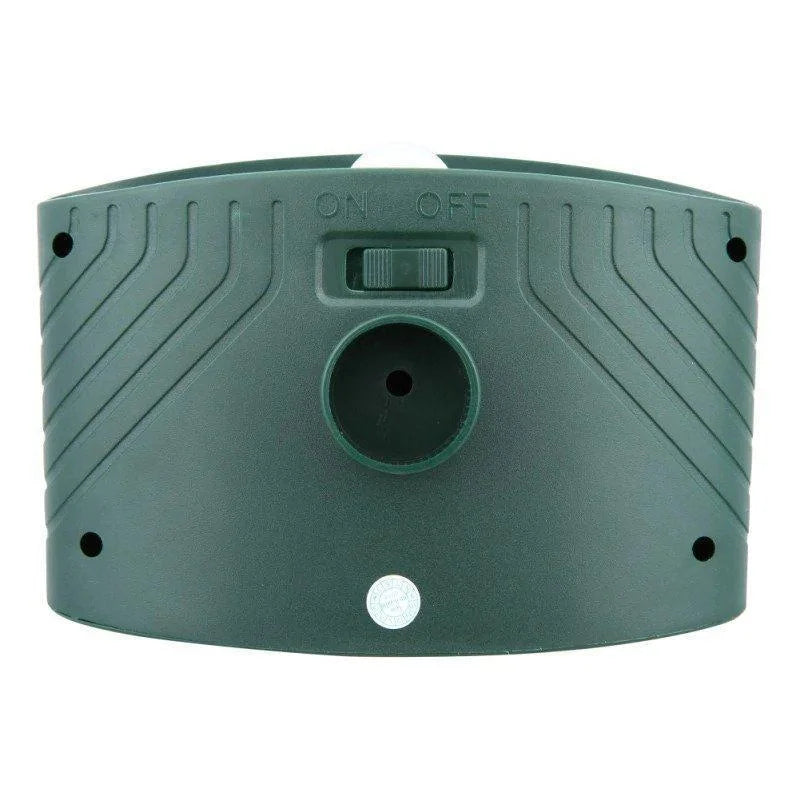Garden stake-mounted ultrasonic repeller with solar charging panel for cordless operation