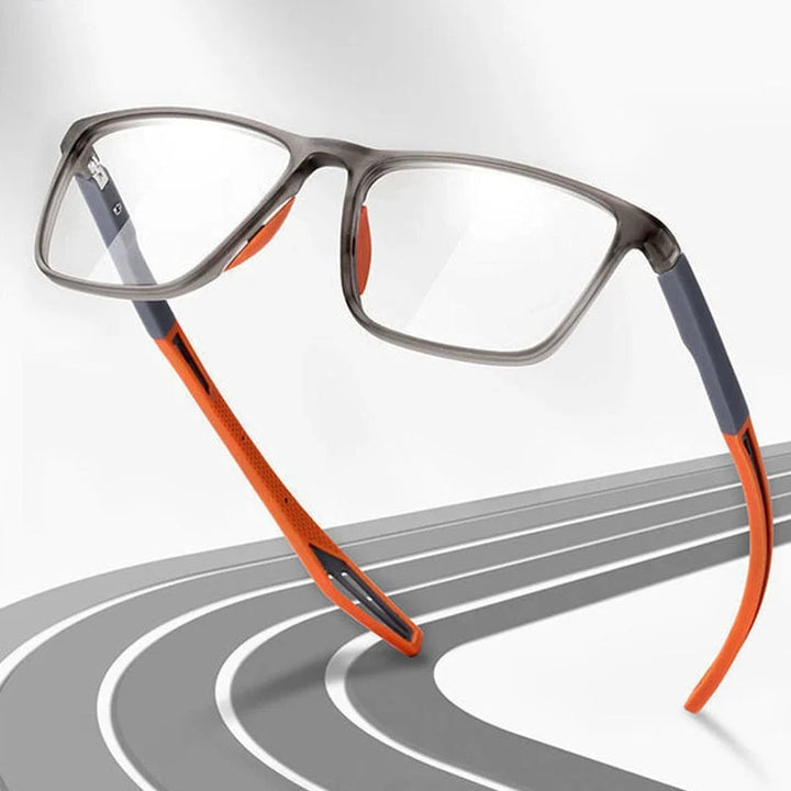 Side profile of Sport Ultra-Light Anti-Blue Light Progressive Glasses displaying flexible orange temple arms