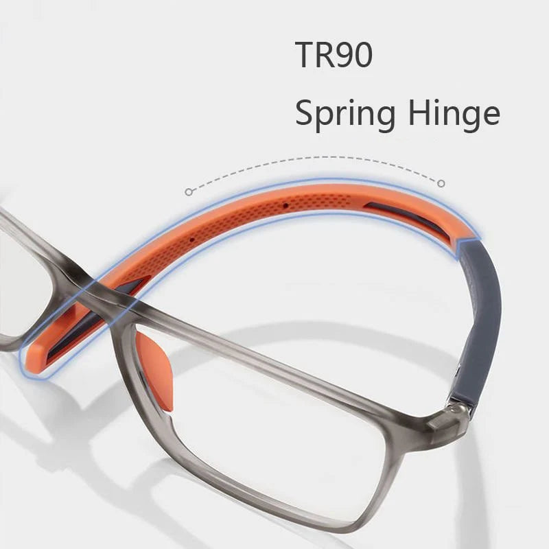 Detail of Sport Ultra-Light Anti-Blue Light Progressive Glasses temple hinge and rubberised grip