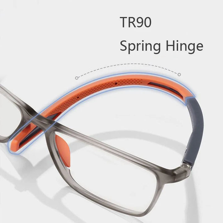 Detail of Sport Ultra-Light Anti-Blue Light Progressive Glasses temple hinge and rubberised grip