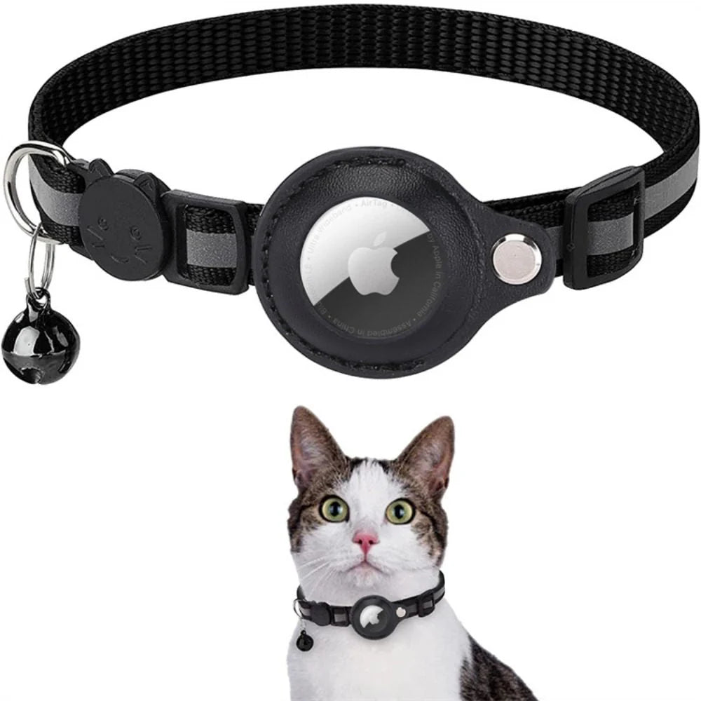 Black Cat GPS Tracker Collar with Reflective Design featuring quick-release buckle and integrated GPS holder with attached bell