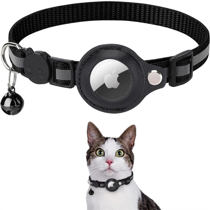 Black Cat GPS Tracker Collar with Reflective Design featuring quick-release buckle and integrated GPS holder with attached bell