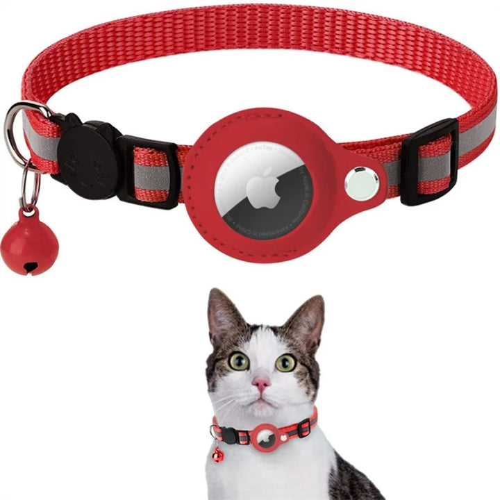 Cat GPS Tracker Collar with Reflective Design showing complete assembly with bell and tracker holder