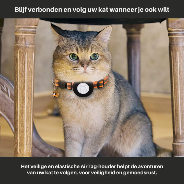 Close-up of Cat GPS Tracker Collar with Reflective Design showing adjustable nylon strap and safety buckle