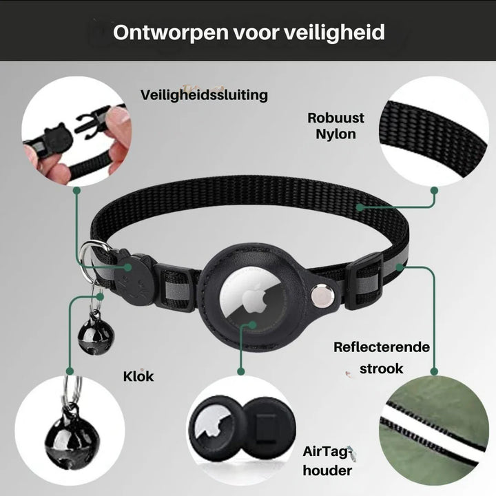 Cat GPS Tracker Collar with Reflective Design displayed flat showing reflective strips and bell attachment