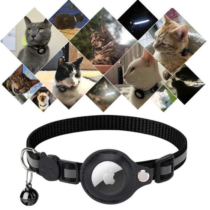 Cat GPS Tracker Collar with Reflective Design showing adjustable sizing and durable nylon construction