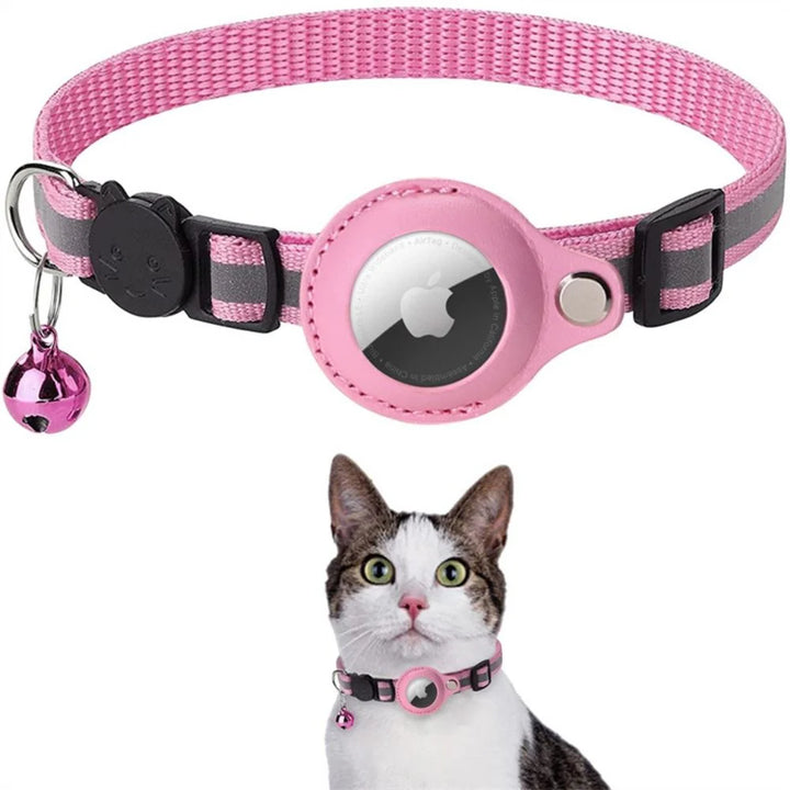 Black cat collar with reflective design featuring secure buckle and tracker holder attachment point