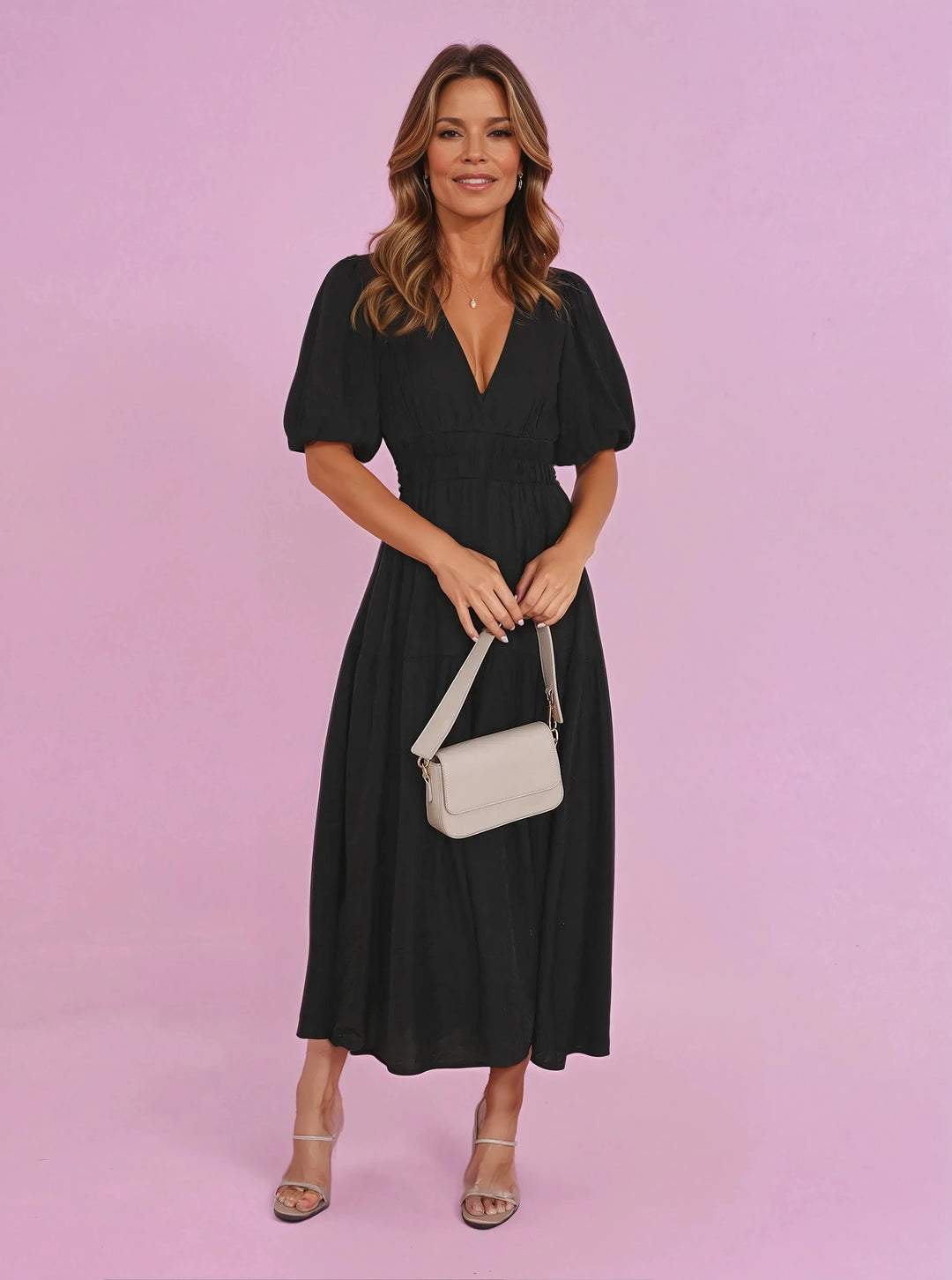 Midi dress with deep V-neckline and romantic puff sleeves in flowing silhouette