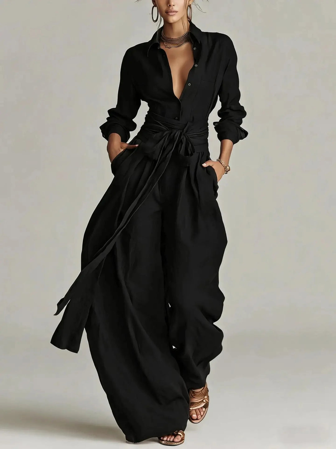 Close-up view of belted long-sleeve jumpsuit showing button-front bodice and waist belt detail