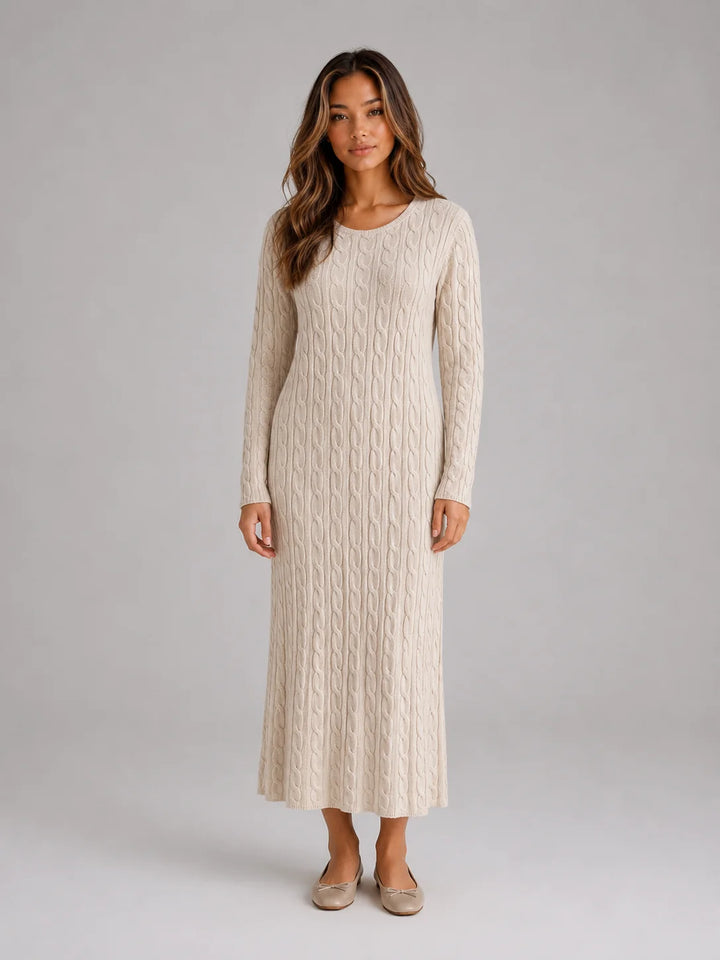 Women's Cable Knit Maxi Dress – Long Sleeve Jumper Dress in cream with classic cable pattern and round neckline