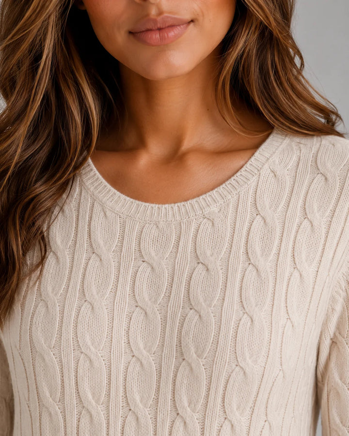 Close-up of cable knit texture and round neckline on women's maxi dress