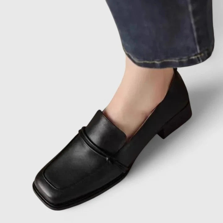 Close-up view of Women's Orthopedic Square Toe Classic Loafers showing smooth upper strap and square toe shape