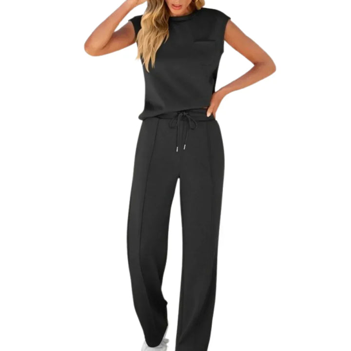Woman wearing black Casual Summer Soft Lounge Set with sleeveless top and drawstring trousers in relaxed fit