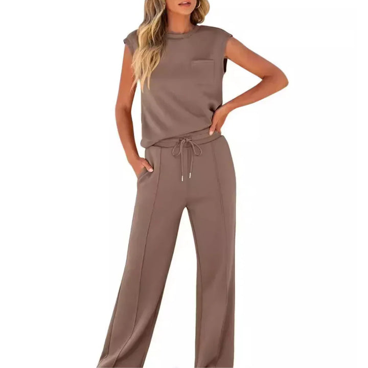 Close-up of Casual Summer Soft Lounge Set showing high-neck sleeveless top and straight-leg trousers