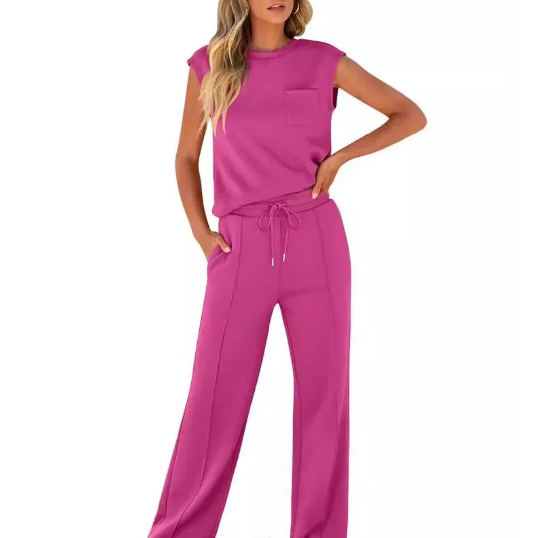 Side view of Casual Summer Soft Lounge Set highlighting cropped top silhouette and mid-rise trousers