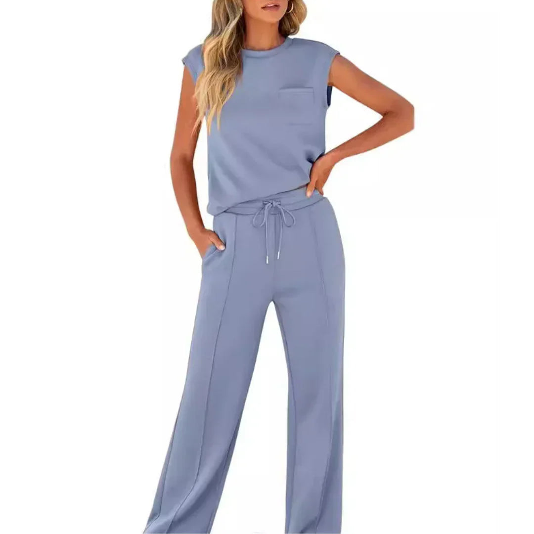 Detail shot of drawstring waist on Casual Summer Soft Lounge Set trousers with adjustable tie