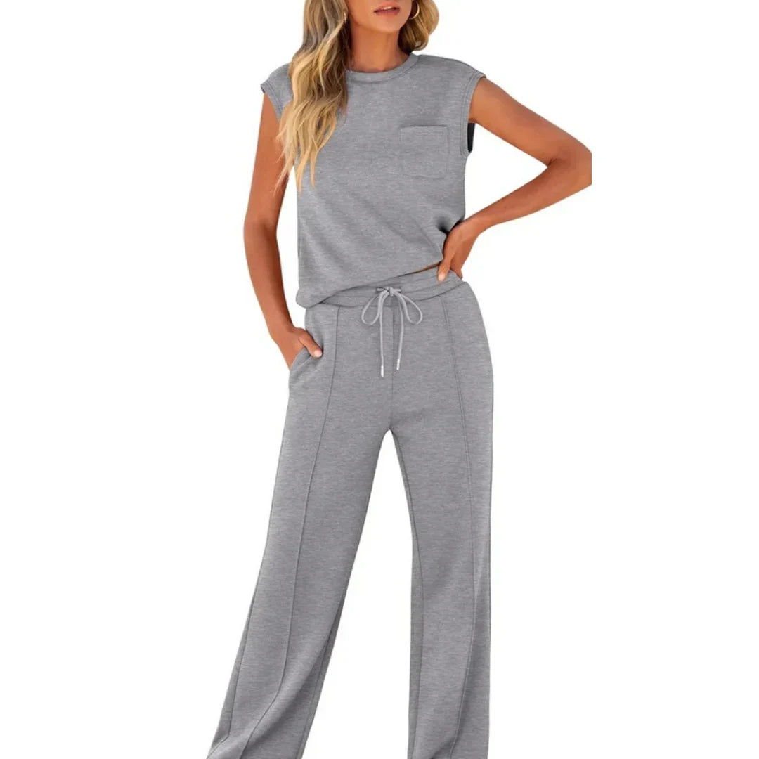 Woman wearing Casual Summer Soft Lounge Set in relaxed pose showing soft fabric drape