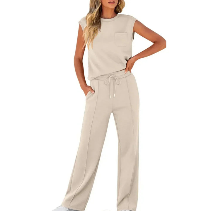 Close-up of high-neck detail on Casual Summer Soft Lounge Set sleeveless top with shoulder pads